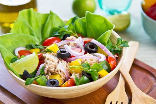 Tuna with olive ,pepper tomato and lettuce salad