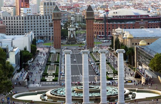 Plaza de Espana in Barcelona, Montjuic columns and fountain, Spain