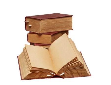  A stack of old books on a white background. One book is open, clean pages, you can add text or picture.