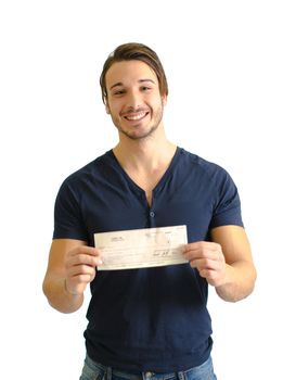Happy, smiling young man with check (cheque) in hands, looking at camera