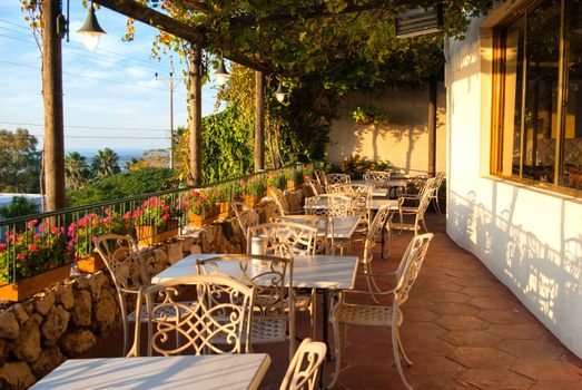Romantic Mediterranean European style cafe bistro restaurant balcony eith great view