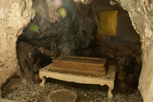 many coins from tourists in tiger cave of tiger cave temple in krabi, thailand