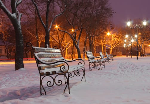 row of benches in park at winter night
