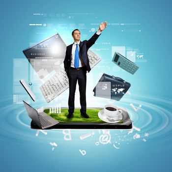 Modern technology illustration with computers and business person