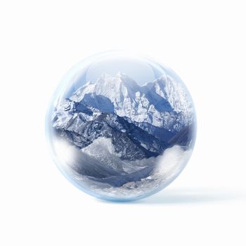 A glass transparent ball with snow high mountains inside it.