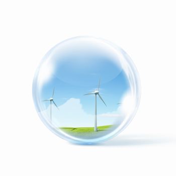 A group of wind turbines or windmills inside a glass sphere