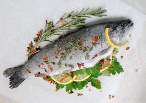 Fresh trout with lemon and spices on parchment