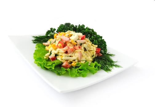 a salad of corn, Chinese cabbage, egg, ham, peppers and mayonnaise