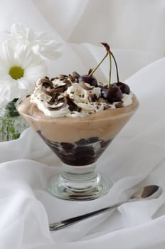 Dessert with cherries and whipped cream