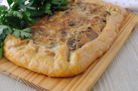 Tart with mushrooms in a creamy sauce with herbs close up