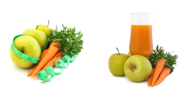 collage Carrot juice with apples and carrots on a white background