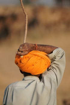 Camel herder in traditional orange turban looking out across the Pushkar Camel Fair. Rajasthan, India