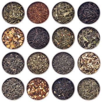 16 samples of loose leaf green, white, black, red, and herbal tea in metal cans isolated on white