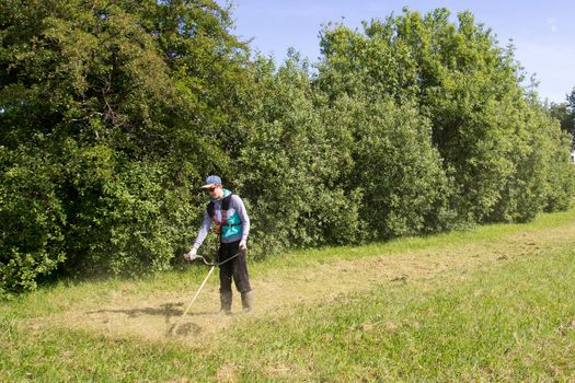 young man mowing the grass in field with a trimmer