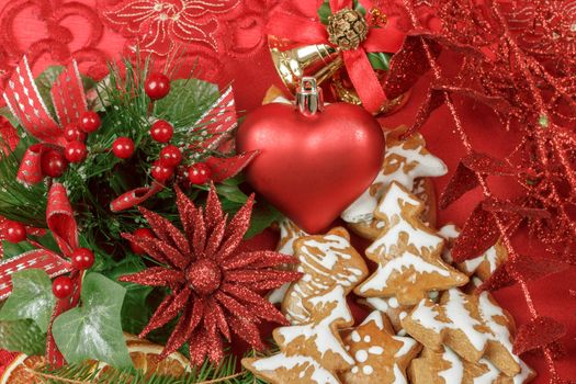 background with red heart,and gingerbreads on red