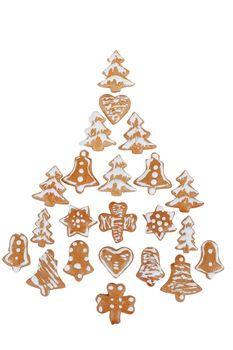 gingerbreads arranged as christmas tree on white background