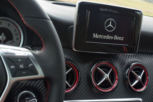 STUTTGART - NOVEMBER 21 : Interior of the new Mercedes Class A 250 AMG Sport parked in front of Solitude Palace on November 21, 2012 in Stuttgart, Germany. The new A-Class is a complete makeover of the previous generations, the 250 AMG Sport is the largest version available, developed together with car tuner AMG.