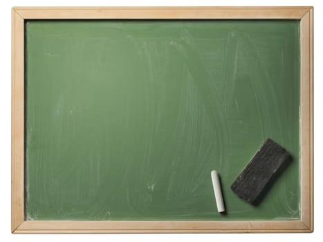 School blackboard with chalk and eraser, isolated on white background