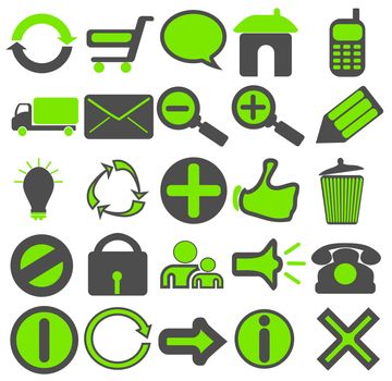 A collection of 25 web icons in green and grey color combination