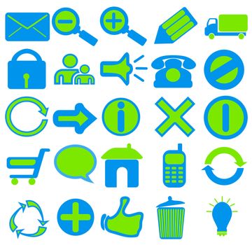 A collection of 25 web icons in blue and green colors