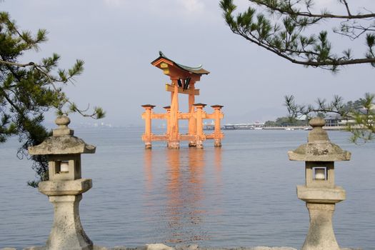 Tori gate at Itsukushima Shrine on Miyajima Island, near Hiroshima, Japan