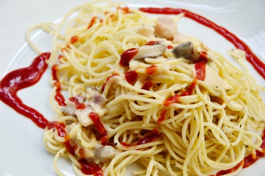 Spaghetti with mushroom sauce in white dish