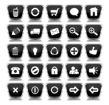 A collection of 25 black shiny metallic web icon buttons with reflections