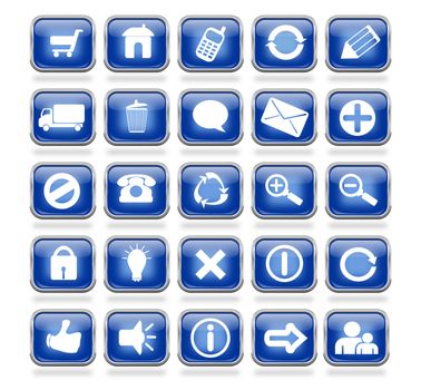 A collection of 25 blue shiny metallic web icon buttons