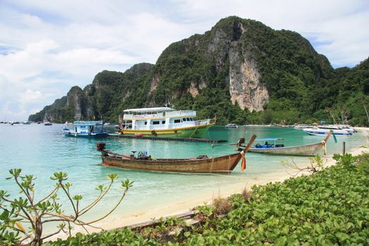 Long Tail boats at the coast of Phi Phi island in Thailand