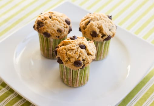 Three chocolate chip muffins on white plate and green striped tablecloth at breakfast