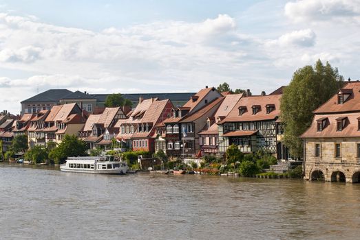 Little Venice in Bamberg, Germany. Houses, river Regnitz and blue sky.