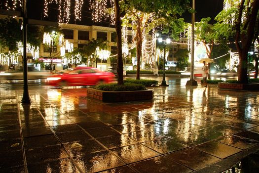 Night rainy Bangkok illuminated, Thailand