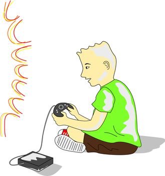 Kid wearing a green tee and brown shorts plays video game in front of TV.