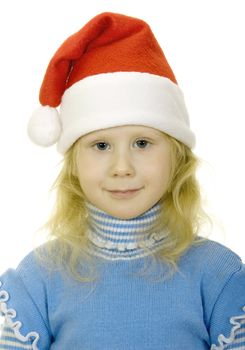 girl in the hat of Santa Claus on a white background