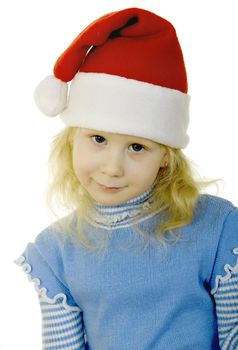 girl in the hat of Santa Claus on a white background