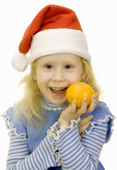 girl in a Santa Claus hat and orange on a white background