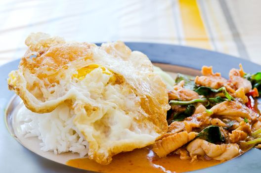 fried egg over rice and pork fried with chili pepper and  sweet basil , curry sauce