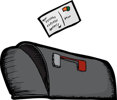 Cartoon of open mailbox with flag and postcard