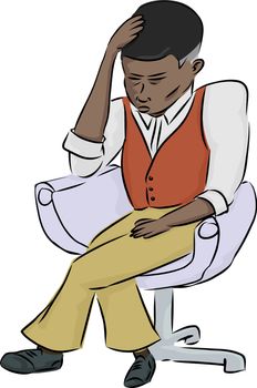 Exhausted African man sitting in chair over white background