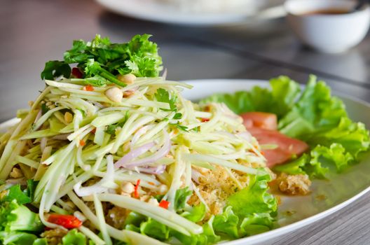 Crispy catfish salad with green mango and vegetable on dish