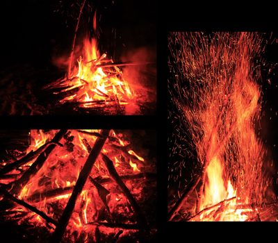 Portraits of three different big burning bonfires 