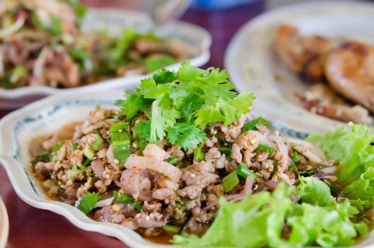 spicy minced pork  with mix vegetable on plate