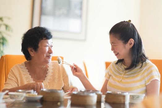 Asian Chinese adult daughter feeding her senior parent food