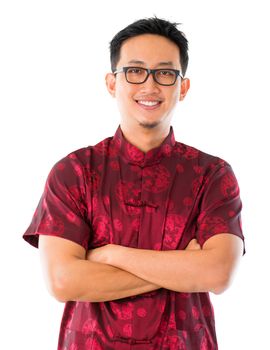 Chinese man in traditional Chinese Tang suit standing, isolated white background
