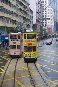Colorful trams on Hong Kong Island in Hong Kong