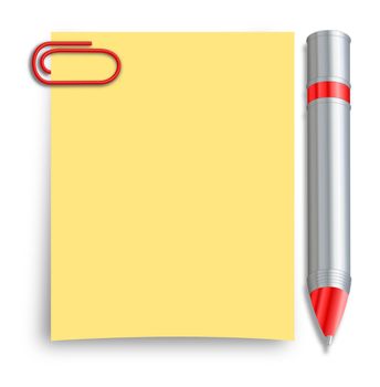 A silver and red pen placed besides a yellow sticky note sheet with a red paperclip