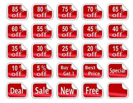 A collection of 25 sale discount stickers with curled edges and different sale offers and discount percentages written on them.