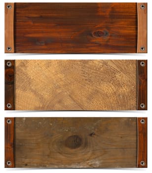 Three horizontal grunge wooden banners or headers with screws and shadow

