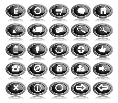 A collection of 25 reflective oval web buttons in black and grey