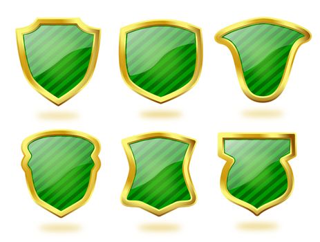 A collection of six shield icon badges in green stripes and with golden frames